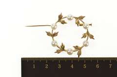 10K Yellow Gold Pearl Leaf Vine Circle Retro Statement Pin/Brooch