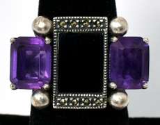 Vintage Sterling Silver Onyx, Amethyst, and Marcasite Ring