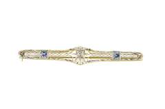 14K Yellow Gold Art Deco Filigree Diamond Syn. Sapphire Bar Pin/Brooch