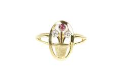 14K Yellow Gold Ruby Diamond Floral Bouquet Flower Pot Ring