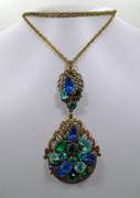 Vintage Necklace, Cluster Rhinestone Brass Dangle Pendant