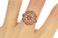 9K Yellow Gold Ruby Diamond Ornate Halo Filigree Cocktail Ring