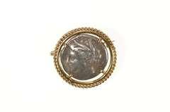 14K Yellow Gold Ancient Greek Coin Rope Trim Statement Pin/Brooch