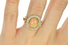 10K Yellow Gold Mexican Fire Opal Ornate Diamond Halo Cocktail Ring