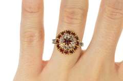 10K Yellow Gold Art Deco Red & White Rhinestone Halo Cocktail Ring