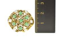 14K Yellow Gold 1960's Pearl Emerald Ornate Filigree Cocktail Ring