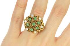 14K Yellow Gold 1960's Pearl Emerald Ornate Filigree Cocktail Ring