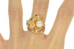 14K Yellow Gold Retro Pearl Ruby Floral Cocktail Statement Ring