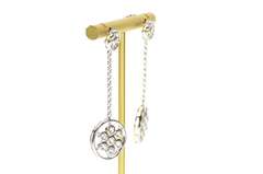 14K White Gold Round Floral Cluster Dangle Chain CZ Earrings