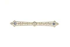 14K White Gold Art Deco Floral Filigree Diamond Sapphire Pin/Brooch