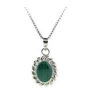 Sterling Silver Malchite Oval Twisted Border Pendant