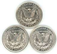 3 Super nice 1921-S Morgan Silver Dollars. Flashy-white