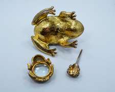 Jeweled Heavy Brass Frog Paperweight, 3 Pc Decorative Desk Set