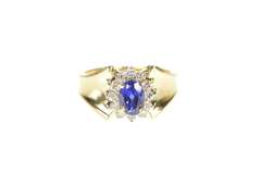 10K Yellow Gold Oval Syn. Sapphire Diamond Halo Engagement Ring