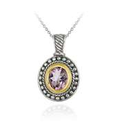 Sterling Silver Two Tone Designer Inspired Amethyst Oval Pendant w/ Beaded Border