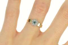 14K Yellow Gold Round Blue Topaz Diamond Halo Engagement Ring