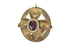 10K Yellow Gold Victorian Amethyst Pearl Etched Leaf Pendant/Pin