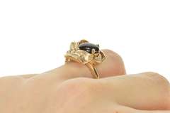 14K Yellow Gold Oval Black Onyx 1960's Leaf Cluster Cocktail Ring