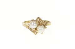 10K Yellow Gold Two Pearl Diamond Accent Bypass Engagement Ring