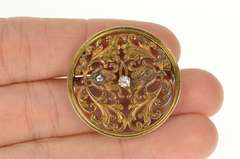 14K Yellow Gold 1940's Diamond Inset Scrollwork Round Pin/Brooch