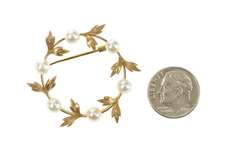 10K Yellow Gold Pearl Leaf Vine Circle Retro Statement Pin/Brooch