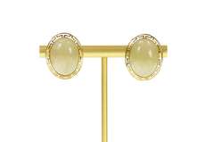 14K Yellow Gold Oval Jade Cabochon Greek Key French Clip Earrings