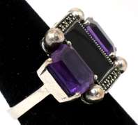Vintage Sterling Silver Onyx, Amethyst, and Marcasite Ring