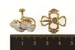 14K Yellow Gold 1930's Moonstone Ruby Clover Screw Back Earrings