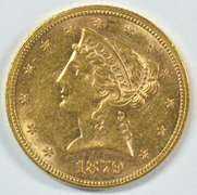 Fully struck BU 1879 $5 Liberty Gold Piece. Lustrous