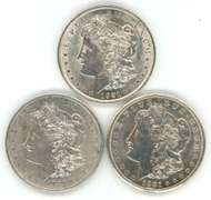 3 Super nice 1921-S Morgan Silver Dollars. Flashy-white