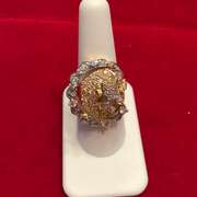 LADIES 18K GOLD DIAMOND WITH BLUE TOPAZ AND PINK TOURMANLINE RING