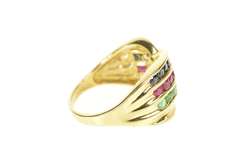 14K Yellow Gold Emerald Ruby Sapphire Tiered Wavy Band Ring