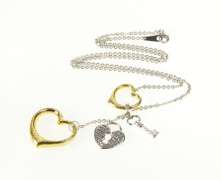 18K White Gold Lariat Design Heart Key Padlock Statement Necklace