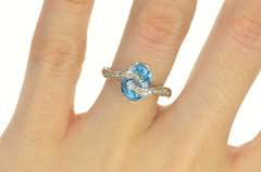14K White Gold Oval Blue Topaz Diamond Wavy Statement Ring