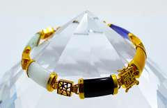 Gold Over Sterling Multi Color Jade Bracelet With Chinese Symbols