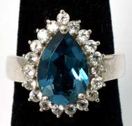 Sterling Silver Dark Blue Aqua Marine & White Topaz Ring