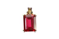 10K Yellow Gold Emerald Cut Syn. Ruby Solitaire Statement Pendant