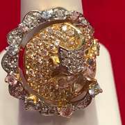 LADIES 18K GOLD DIAMOND WITH BLUE TOPAZ AND PINK TOURMANLINE RING