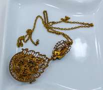 Vintage Necklace, Cluster Rhinestone Brass Dangle Pendant