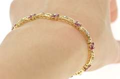 14K Yellow Gold Ruby Flower Cluster Diamond Bar Link Tennis Bracelet