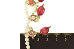 14K Yellow Gold Victorian Ruby Pearl Tourmaline Fringe Woven Necklace