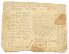 1778 Colonial Pennsylvania - Philadelphia 20 Dollars Note