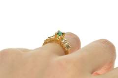 18K Yellow Gold Round Syn. Emerald Diamond Engagement Ring
