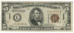 Nice Scarce Series of 1934-A $5 Hawaii Note (L)