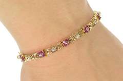 14K Yellow Gold Ruby Flower Cluster Diamond Bar Link Tennis Bracelet