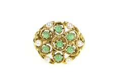 14K Yellow Gold 1960's Pearl Emerald Ornate Filigree Cocktail Ring