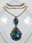 Vintage Necklace, Cluster Rhinestone Brass Dangle Pendant
