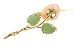 18K Yellow Gold Ornate Carved Coral Jade Leaf 3D Flower Pendant