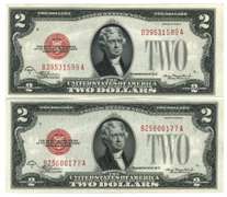 2 Crisp Uncirculated 1928-C $2 Red Seal Notes. Nice