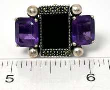 Vintage Sterling Silver Onyx, Amethyst, and Marcasite Ring